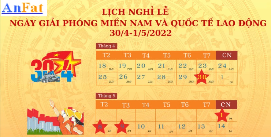 Thông báo nghỉ lễ ngày Giải phóng miền Nam và ngày Quốc tế Lao động 30/04 - 01/05/2022